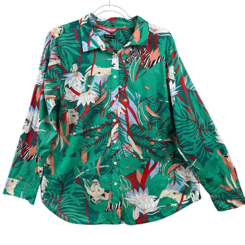 Talbots Women's Cotton Jungle Print Blouse Green Long Sleeve Size Large